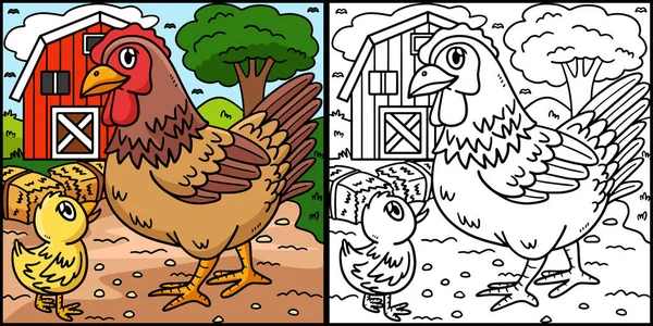 Этой Цветной Странице Изображен Цыпленок Одна Сторона Этой Иллюстрации Окрашена — стоковый вектор