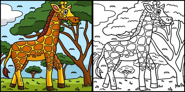 这个涂色的页面显示了长颈鹿 这个例子的一面是彩色的 对孩子们是一种启发 — 图库矢量图片