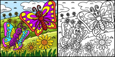 Bu renkli sayfa bir kelebeği gösteriyor. Bu illüstrasyonun bir tarafı renkli ve çocuklar için bir ilham kaynağı.