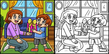 Bu boyama sayfası Çocuk Veren Hediye 'yi gösteriyor. Bu illüstrasyonun bir tarafı renkli ve çocuklar için bir ilham kaynağı.. 