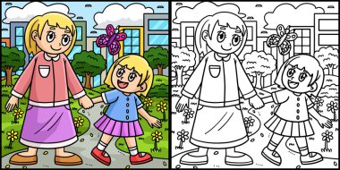 Bu boyama sayfası bir anne ve çocuğu gösteriyor. Bu illüstrasyonun bir tarafı renkli ve çocuklar için bir ilham kaynağı.. 