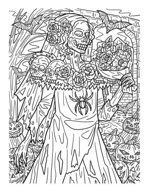 Gelinlik giymiş bir iskeletin şirin ve güzel bir boyama sayfası. Yetişkinlere saatlerce boyama eğlencesi sağlar.