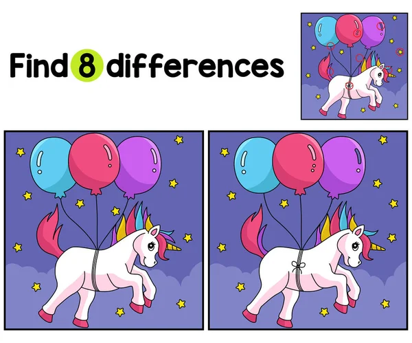 Encontre Localize Diferenças Neste Unicórnio Flutuando Página Atividade Crianças Balões — Vetor de Stock