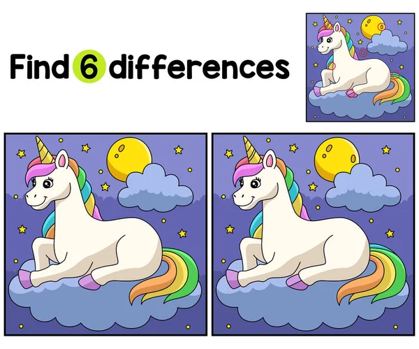 Encontre Localize Diferenças Nesta Página Atividades Unicorn Lying Cloud Kids — Vetor de Stock