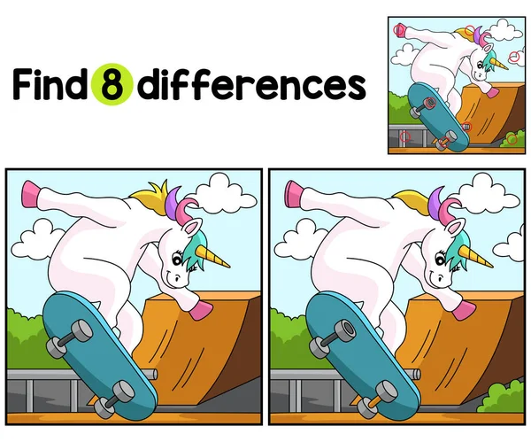 在滑板儿童活动页面上查找或发现独角兽的区别 为儿童设计的有趣和教育的拼图游戏 — 图库矢量图片