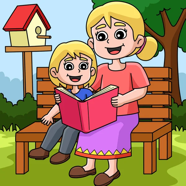 Karikatür Anne Çocuk Okuma Kitabı Illüstrasyonunu Gösteriyor — Stok Vektör