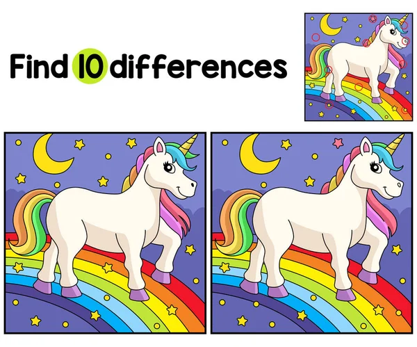 Encontre Localize Diferenças Nesta Página Atividades Unicorn Walking Rainbow Kids — Vetor de Stock