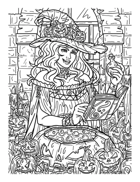 stock vector A cute and beautiful coloring page of a Witch brewing potion. Provides hours of coloring fun for adults.