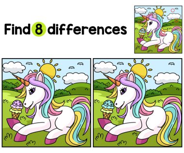 Dondurma yiyen çocuklar aktivite sayfasındaki tek boynuzlu at arasındaki farkı bul ya da bul. Çocuklar için eğlenceli ve eğitici bir bulmaca eşleştirme oyunu.