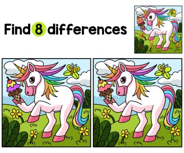 Unicorn Tutan Dondurmacı Çocuklar aktivite sayfasındaki farklılıkları bul ya da tespit et. Çocuklar için eğlenceli ve eğitici bir bulmaca eşleştirme oyunu.