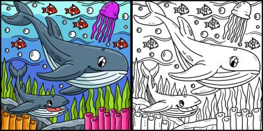 Bu renkli sayfa anne balina köpekbalıklarını ve bebek balina köpekbalıklarını gösteriyor. Bu illüstrasyonun bir tarafı renkli ve çocuklar için bir ilham kaynağı..