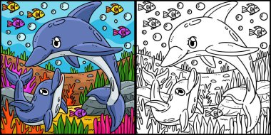 Bu boyama sayfasında anne yunus ve bebek yunus var. Bu illüstrasyonun bir tarafı renkli ve çocuklar için bir ilham kaynağı..