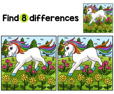 Flower Kids aktivite sayfasında oynayan bu tek boynuzlu at arasındaki farkı bul ya da bul. Çocuklar için eğlenceli ve eğitici bir bulmaca eşleştirme oyunu.
