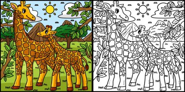 Bu boyama sayfasında anne zürafa ve bebek zürafa var. Bu illüstrasyonun bir tarafı renkli ve çocuklar için bir ilham kaynağı..