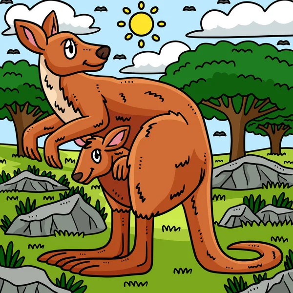 Ten Klif Kreskówki Pokazuje Matka Kangaroo Baby Kangaroo Ilustracji — Wektor stockowy