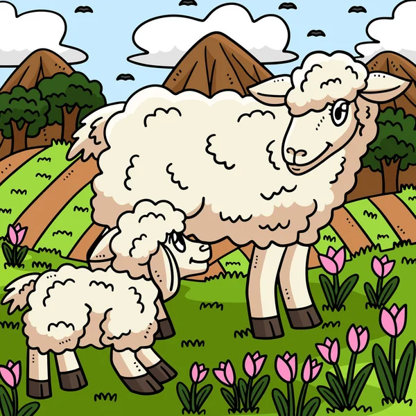 这个漫画派展示了母羊和小羊的图解 — 图库矢量图片