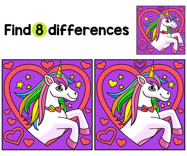 Encontre Localize Diferenças Nesta Página Atividade Unicorn Heart Kids Divertido — Vetor de Stock