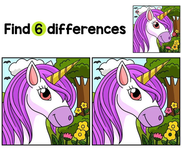 stock vector Find or spot the differences on this unicorn head Kids activity page. A funny and educational puzzle-matching game for children.