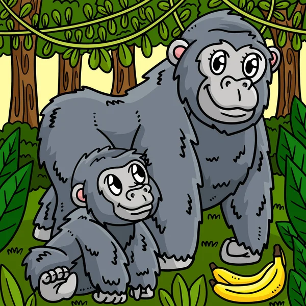 Deze Cartoon Clipart Toont Een Moeder Gorilla Een Baby Gorilla — Stockvector