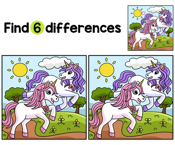 Stock vector Find or spot the differences on this unicorn with a Friend Kids activity page. A funny and educational puzzle-matching game for children.