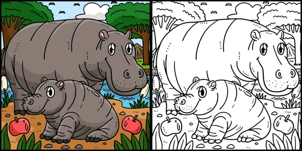 Kolorowanka Pokazuje Hipopotama Matki Hipopotama Dziecka Jedna Strona Tej Ilustracji — Wektor stockowy