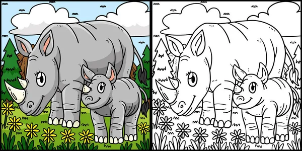 Kolorowanka Pokazuje Matkę Rhino Dziecko Rhino Jedna Strona Tej Ilustracji — Wektor stockowy