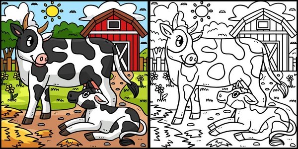 この着色ページには 母牛と子牛が表示されます このイラストの片側は着色されており 子供のためのインスピレーションとして機能します — ストックベクタ