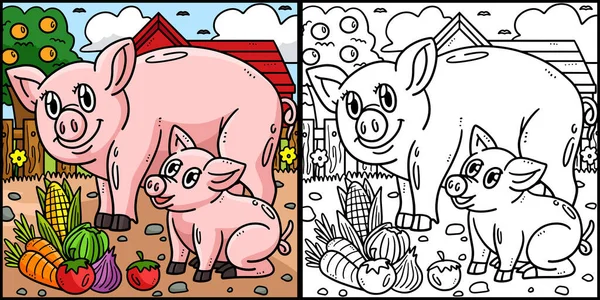 这个彩色的页面展示了一只猪妈妈和小猪 这个例子的一面是彩色的 对孩子们是一种启发 — 图库矢量图片