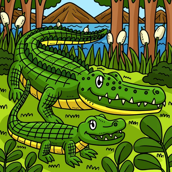 Ten Klip Kreskówki Pokazuje Krokodyla Matki Hatchling Ilustracji — Wektor stockowy