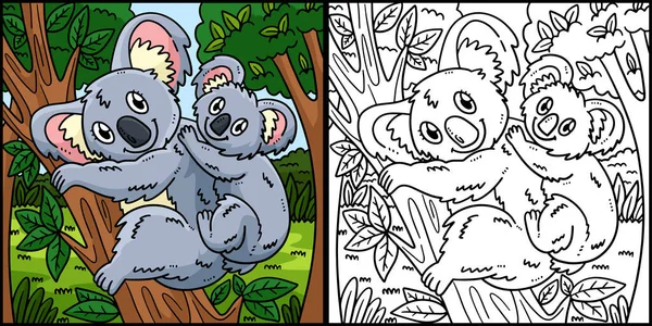 Deze Kleurplaat Toont Een Moeder Koala Baby Koala Een Kant — Stockvector