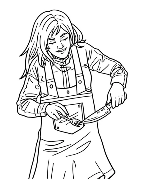 Une Page Colorier Mignonne Belle Une Femme Thanksgiving Avec Couteau — Image vectorielle