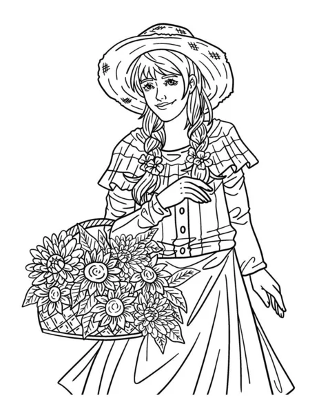 stock vector A cute and beautiful coloring page of a Thanksgiving Pilgrim Woman with a basket of Autumn flowers. Provides hours of coloring fun for adults.