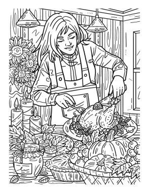 Şükran Günü kadınının hindiyi dilimlediği sevimli ve güzel bir boyama sayfası. Yetişkinlere saatlerce boyama eğlencesi sağlar.