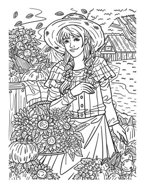 Şükran Günü 'nde elinde bir sepet sonbahar çiçeği olan sevimli ve güzel bir hacı kadın sayfası. Yetişkinlere saatlerce boyama eğlencesi sağlar.