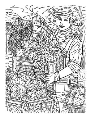Hasatlı bir Şükran Günü çiftçisinin şirin ve güzel bir boyama sayfası. Yetişkinlere saatlerce boyama eğlencesi sağlar.