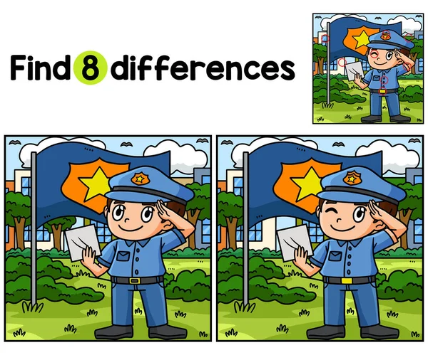 找出或发现此敬礼警务人员儿童活动网页上的差异 为儿童设计的有趣和教育的拼图游戏 — 图库矢量图片