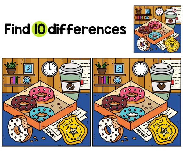 stock vector Find or spot the differences on this Police Badge, Donuts, Coffee Kids activity page. A funny and educational puzzle-matching game for children.