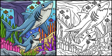 Bu renklendirme sayfasında Anne ve Bebek Büyük Beyaz Köpekbalığı var. Bu illüstrasyonun bir tarafı renkli ve çocuklar için bir ilham kaynağı..