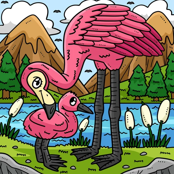 Este Clipart Desenho Animado Mostra Uma Mãe Flamingo Uma Ilustração —  Vetores de Stock