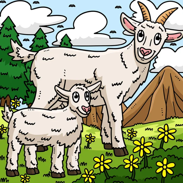 Clipart Bande Dessinée Montre Une Illustration Mère Chèvre Bébé Chèvre — Image vectorielle