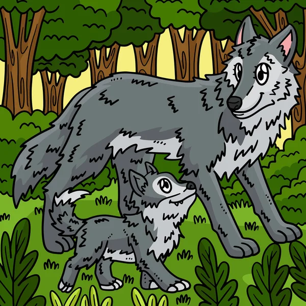 Tento Kreslený Kliparty Ukazuje Matka Vlk Baby Wolf Ilustrace — Stockový vektor