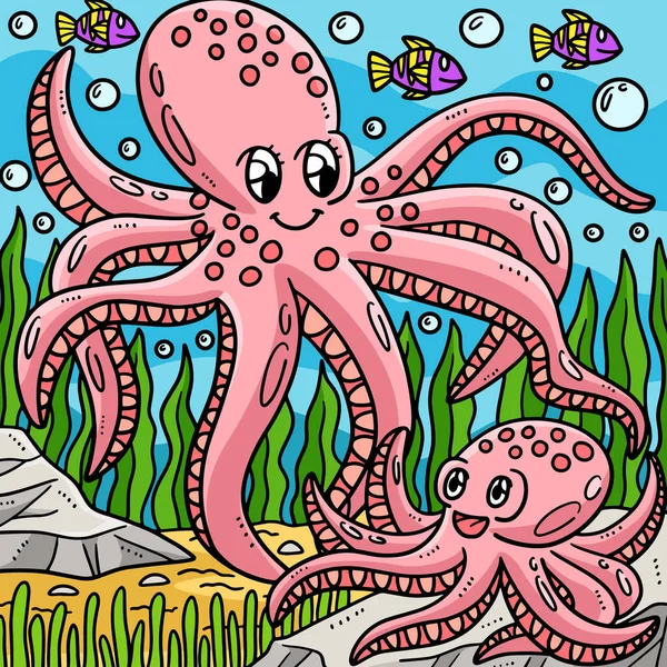 Tento Kreslený Kliparty Ukazuje Matku Chobotnici Baby Octopus Ilustraci — Stockový vektor