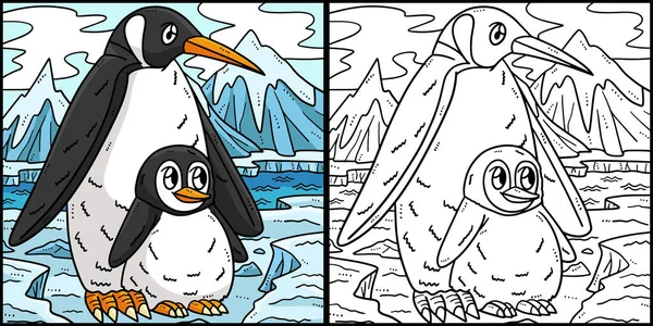 Kolorowanka Pokazuje Pingwina Matki Pingwina Dziecka Jedna Strona Tej Ilustracji — Wektor stockowy