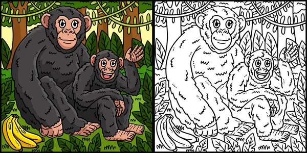 Deze Kleurplaat Toont Een Moeder Chimpansee Baby Chimpansee Een Kant — Stockvector