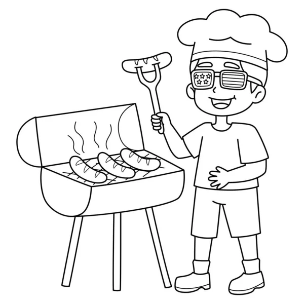 Una Página Para Colorear Lindo Divertido Julio Cooking Hotdogs Proporciona — Vector de stock
