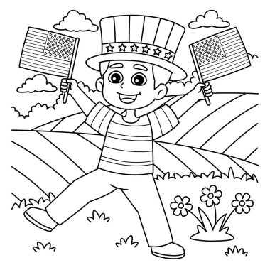 A cute and funny coloring page of a 4th of July Boy with Two American Flag. Provides hours of coloring fun for children. Color, this page is very easy. Suitable for little kids and toddlers. clipart