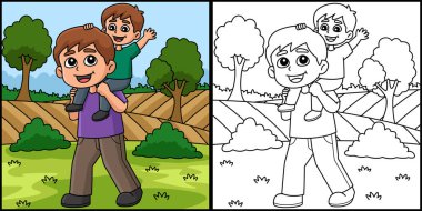 Bu renkli sayfa oğlunu taşıyan bir babayı gösteriyor. Bu illüstrasyonun bir tarafı renkli ve çocuklar için bir ilham kaynağı..