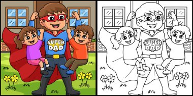 Bu boyama sayfası Süper Baba 'yı gösteriyor. Bu illüstrasyonun bir tarafı renkli ve çocuklar için bir ilham kaynağı..