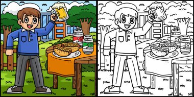 Bu boyama sayfasında bir babanın bira içtiği yazıyor. Bu illüstrasyonun bir tarafı renkli ve çocuklar için bir ilham kaynağı.. 