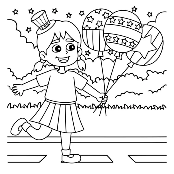 風船を持つ7月4日の女の子の可愛くて面白い着色ページ 子供のための着色の楽しみの時間を提供します このページは非常に簡単です 小さな子供や幼児に適しています — ストックベクタ